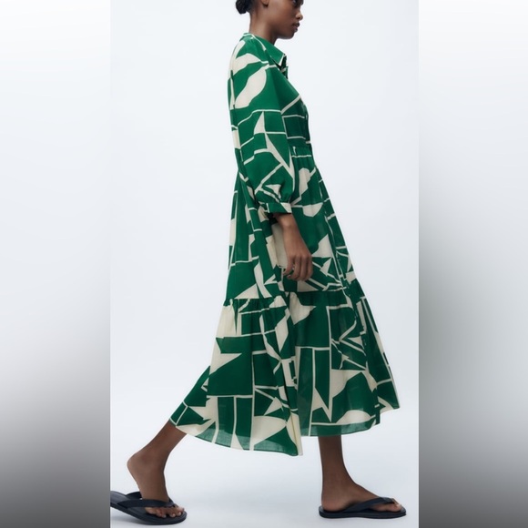 New! Zara small green combo geometric print front button ruffled hem dress. - Picture 4 of 14